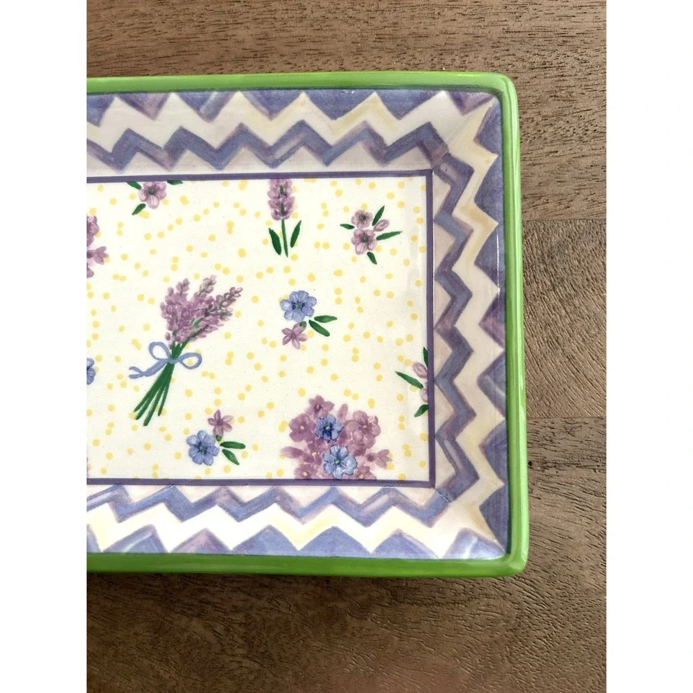 MacKenzie-Childs Trinket Tray Lavender Floral Zig Zag Ceramic Vanity Catchall